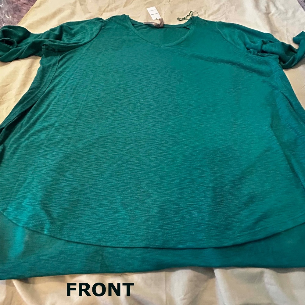 TOP, ¾ SLEEVE, LINEN BLEND, DEEP EMERALD, SIZE 4X, VEE NECK, SIDE SLITS, HIGH-LO